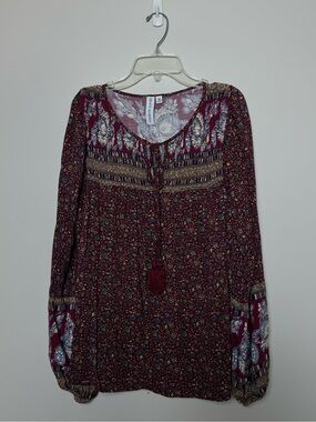 Grace + Karma Floral Boho Tunic Top with Tassel Tie Neckline Size M
